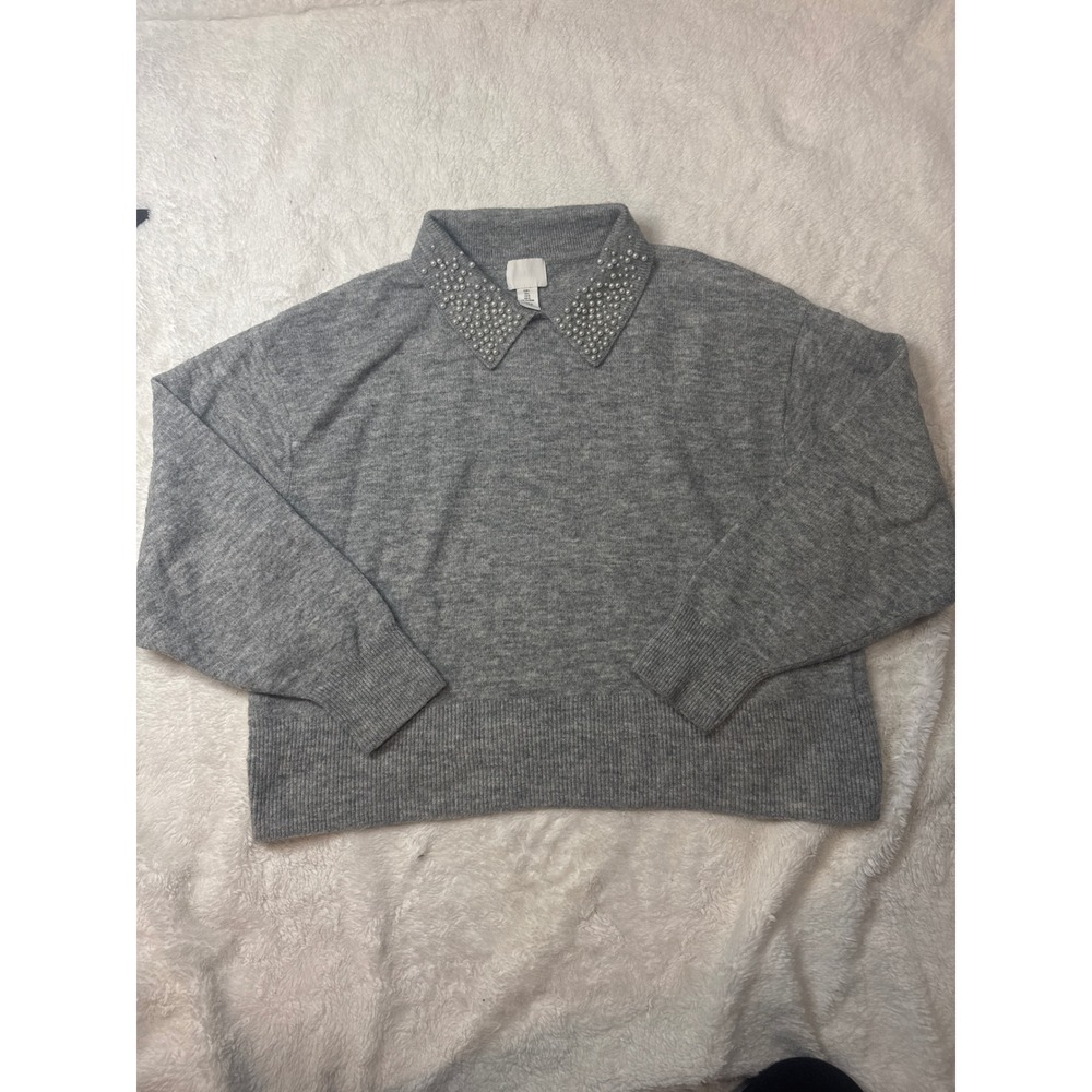H&M Pearl Collar Sweater Womens Large Gray Embellished Knit Pullover
